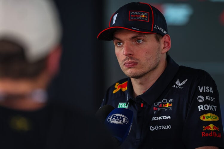 Max Verstappen of Netherlands and Oracle Red Bull Racing answers questions in the media pen during the F1 Grand Prix of Spain at Circuit de Barcelo...