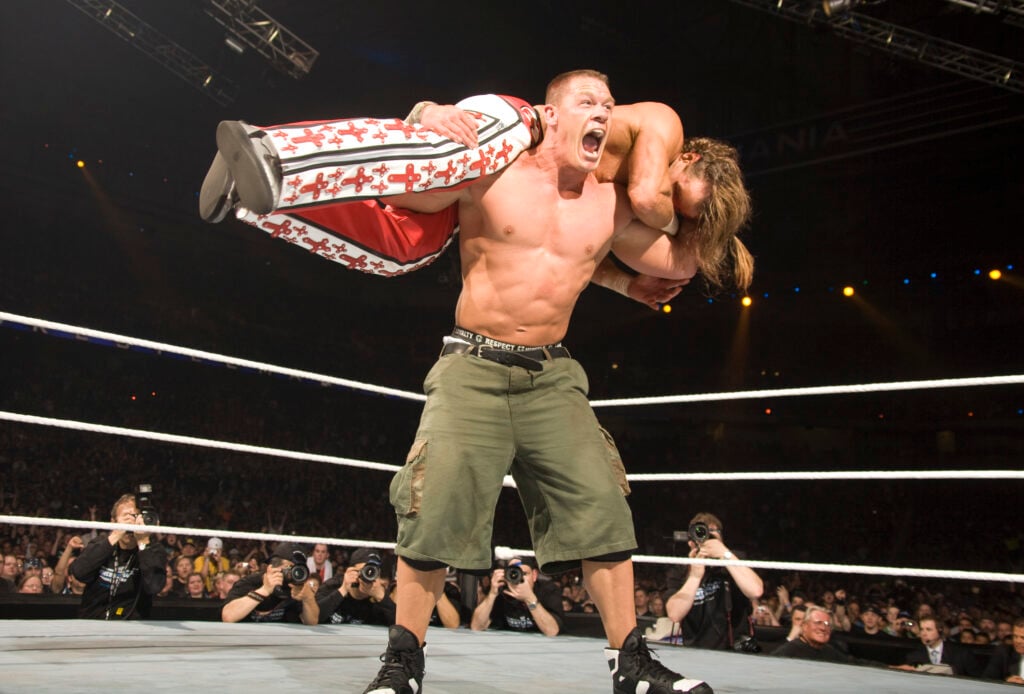 John Cena hitting Shawn Michaels with an Attitude Adjustment at WWE WrestleMania 23