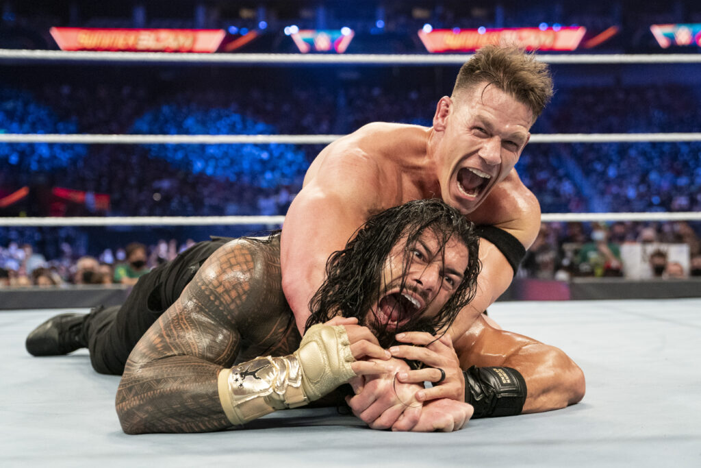 John Cena locking in the STFU on Roman Reigns at SummerSlam in 2021
