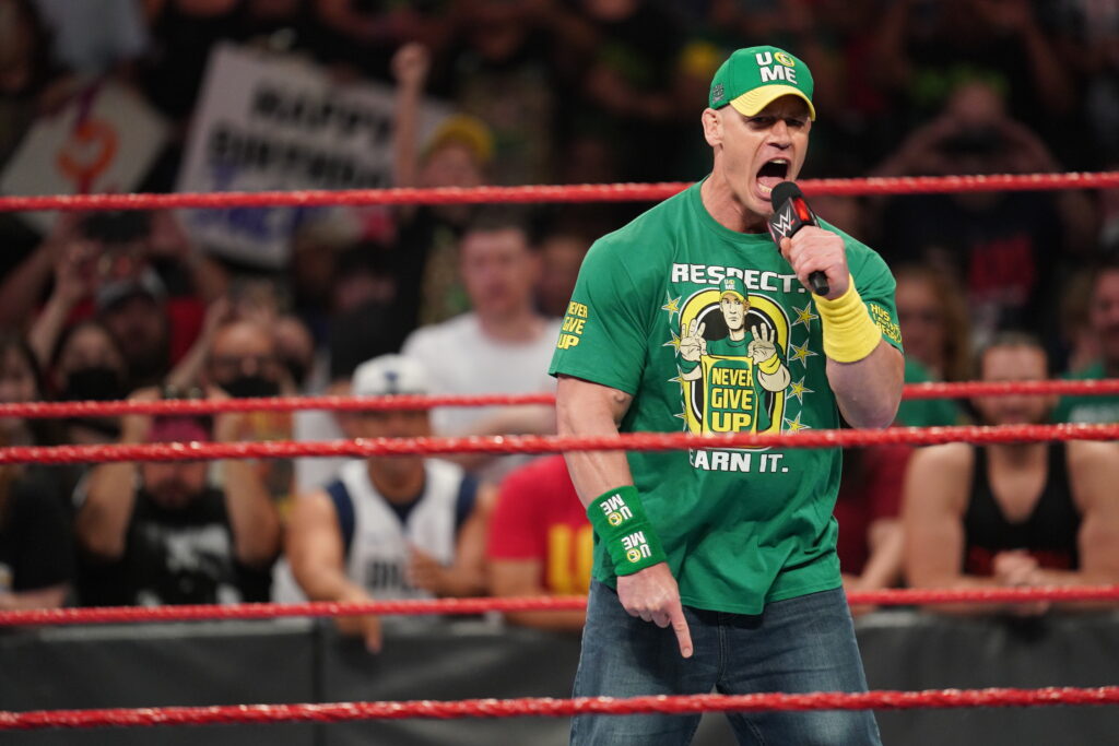 John Cena cutting a promo in Dallas, Texas on WWE Raw in 2019