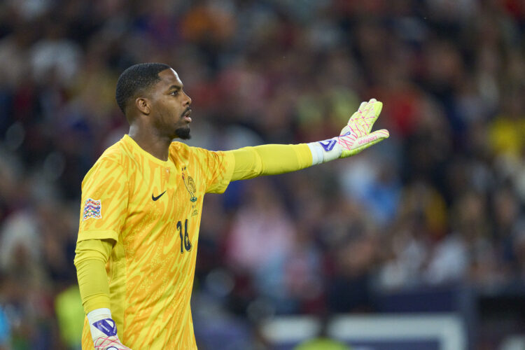 Mike Maignan #16 of France goalkeeper gestures during the UEFA Nations League 2025