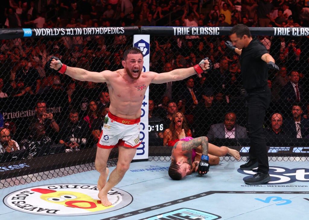 Merab Dvalishvili runs off after submitting Sean O'Malley in their rematch