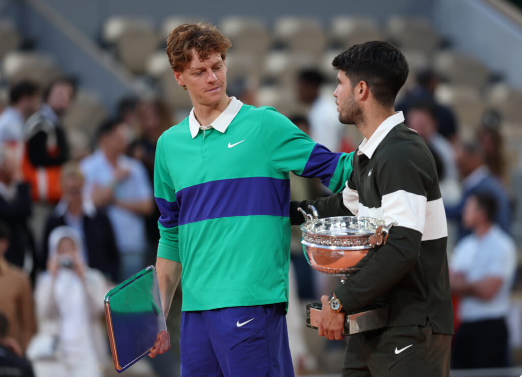 Jannik Sinner and Carlos Alcaraz during the Roland Garros final ceremony