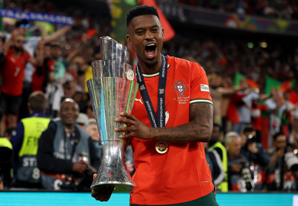 Nelson Semedo celebrates with the Nations League trophy