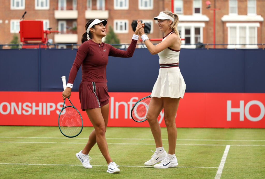 Emma Raducanu of Great Britain and Katie Boulter of Great Britain celebrate