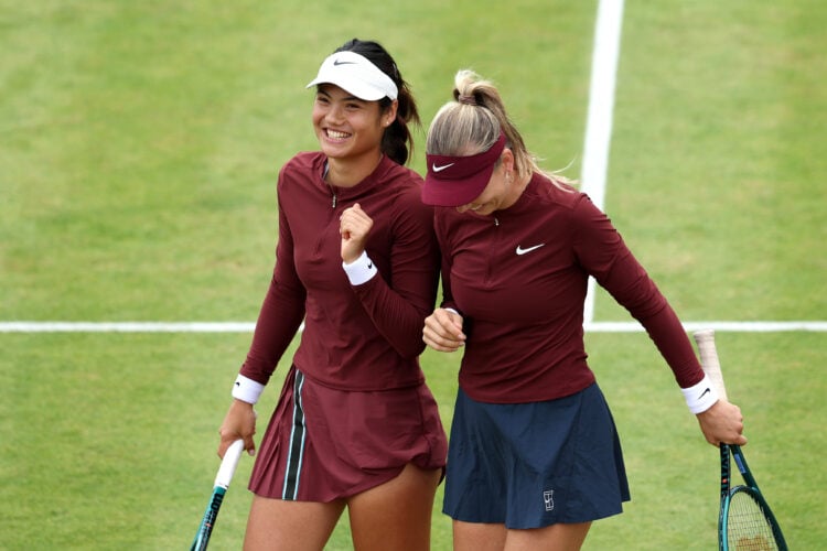 Emma Raducanu and Katie Boulter celebrating a win at Queen's Club 2025