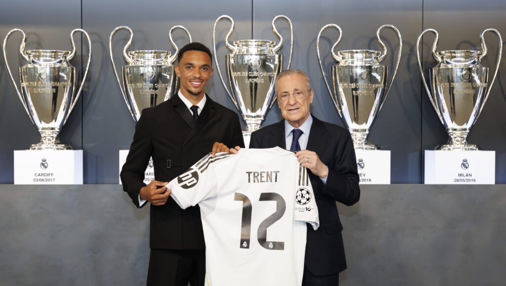 Trent Alexander-Arnold being unveiled as a new Real Madrid player by Florentino Perez