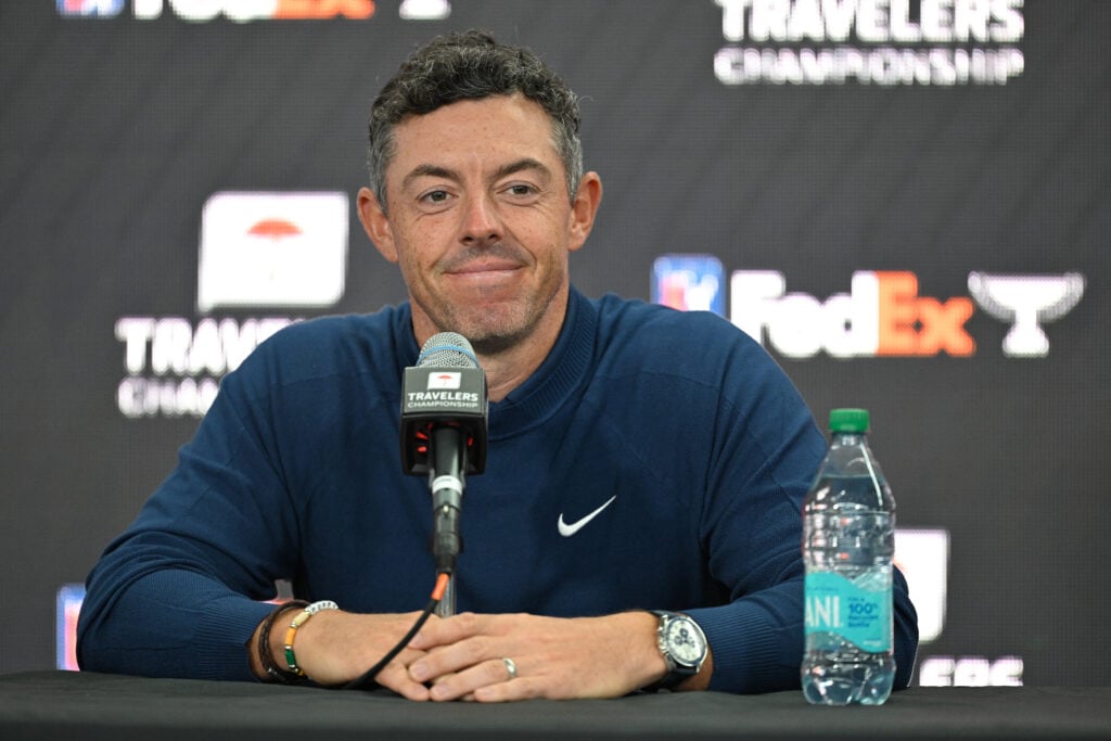 Rory McIlroy speaks to reporters prior to the 2025 Travelers Championship