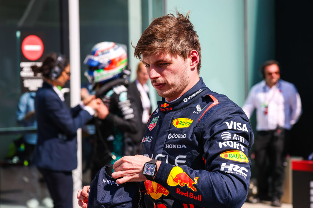 Red Bull's Max Verstappen looks on in Parc ferme after the 2025 Canadian Grand Prix.
