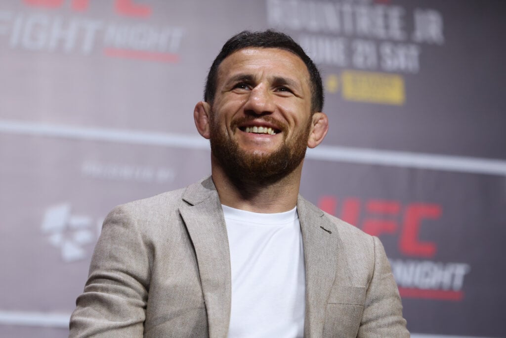 Merab Dvalishvili speaks with fans during a Q&A session at UFC Baku