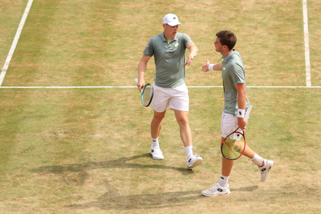 Henry Patten playing doubles at Wimbledon 2025 with his partner Harri Helioevaara