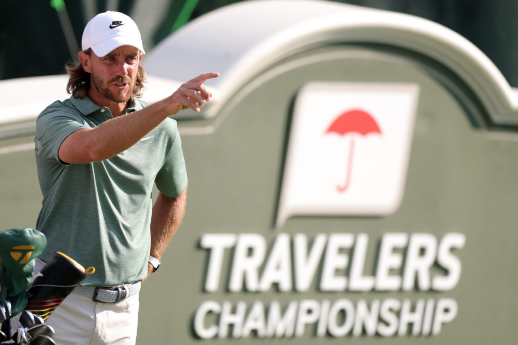 Tommy Fleetwood lines up a shot at the 2025 Travelers Championship 2025 - Round Two