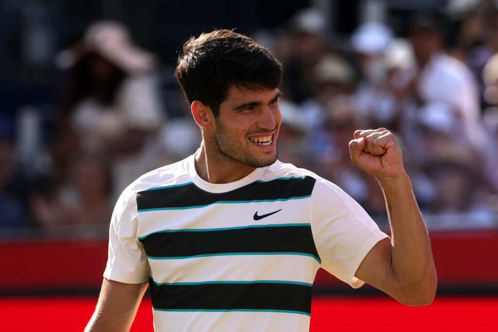 Carlos Alcaraz of Spain celebrates winning match point against Roberto Bautista during the Men's Singles Semi Final match at The Queen's Club