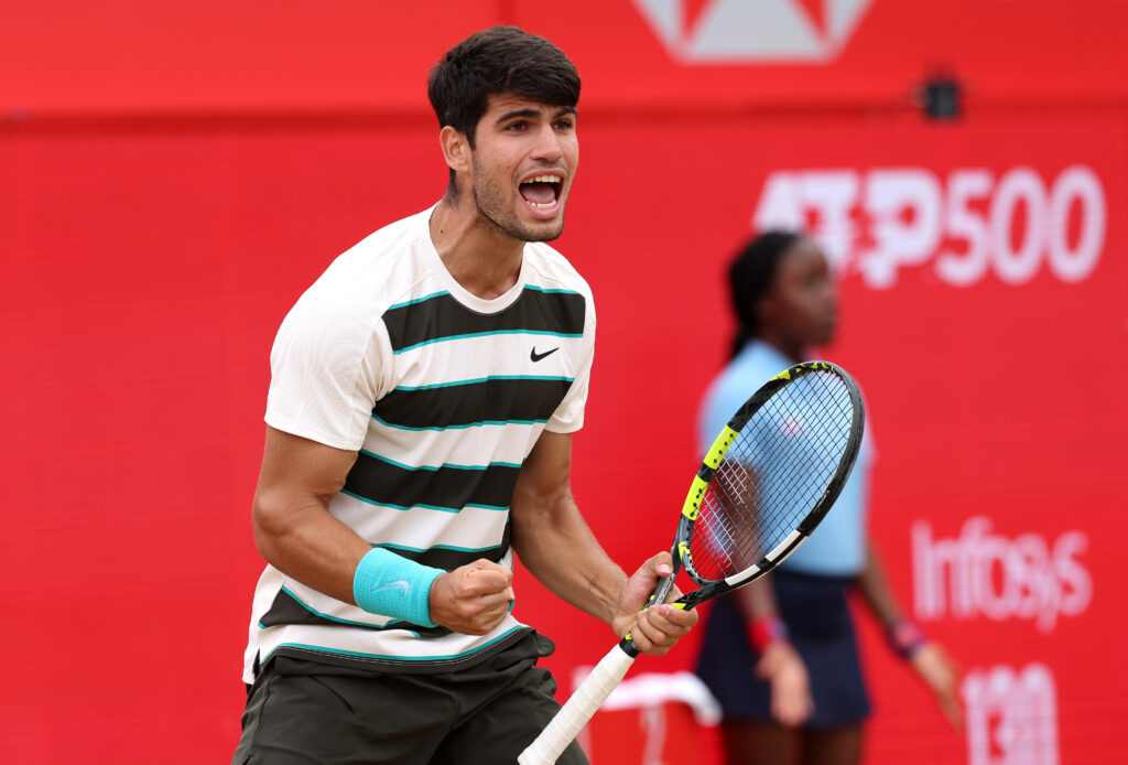 Carlos Alcaraz celebrating during his Queen's Club final in 2025