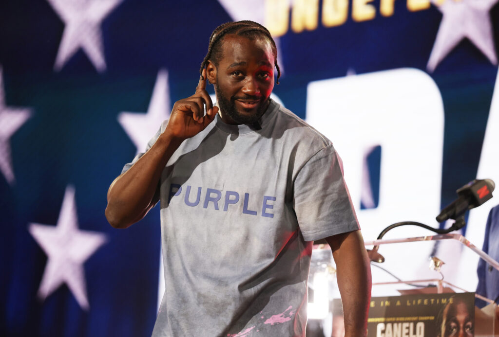 Terence Crawford poses at Canelo Alvarez press conference