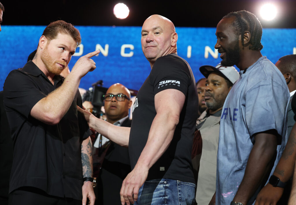 Canelo Álvarez, Dana White and Terence Crawford attend the Canelo Álvarez vs. Terence Crawford Press Conference