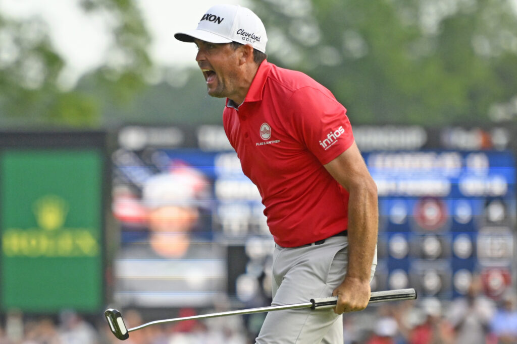 Keegan Bradley reacts to winning the Travelers Championship