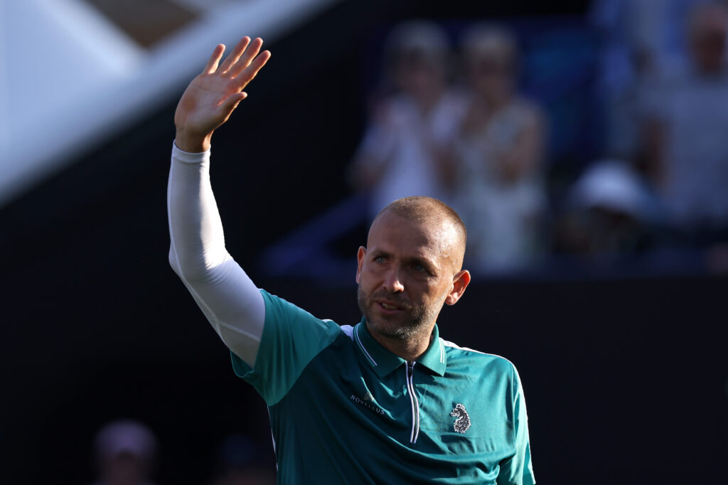 Dan Evans waving to the crowd at the Eastbourne Open in 2025