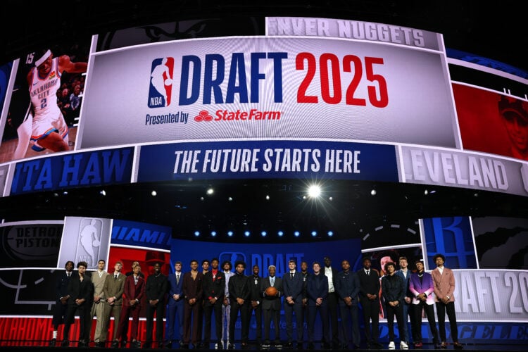 Cooper Flagg poses with other 2025 NBA Draft prospects prior to the first round of the 2025 NBA Draft.