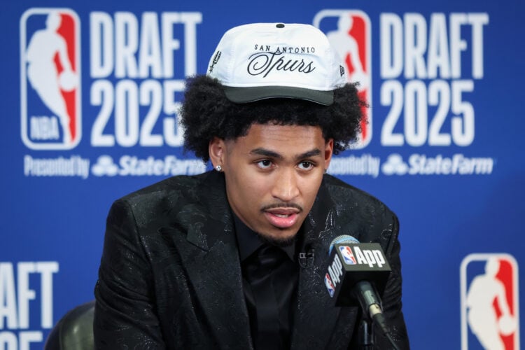 Dylan Harper of the San Antonio Spurs speaks to the media after being drafted second overall during the 2025 NBA Draft