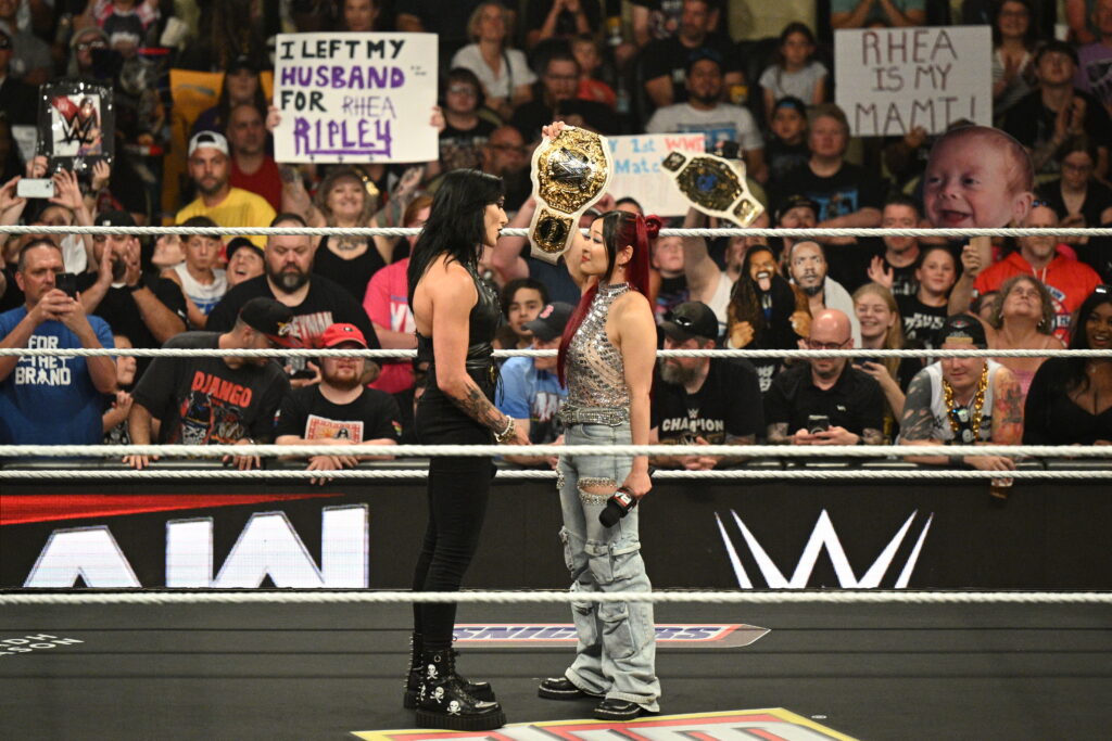 Rhea Ripley and Iyo Sky face off during Monday Night RAW