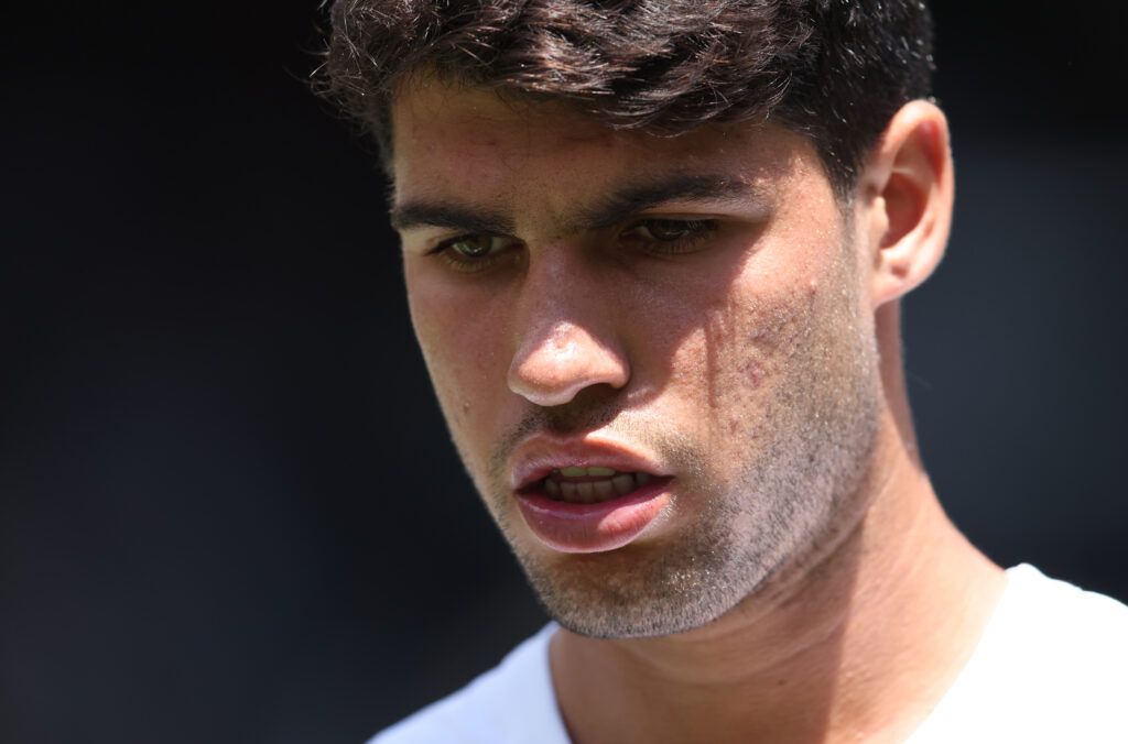 Carlos Alcaraz during his match against Fabio Fognini during Wimbledon 2025.