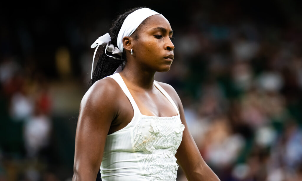 Coco Gauff of the United States reacts while playing against Dayana Yastremska at Wimbledon 2025