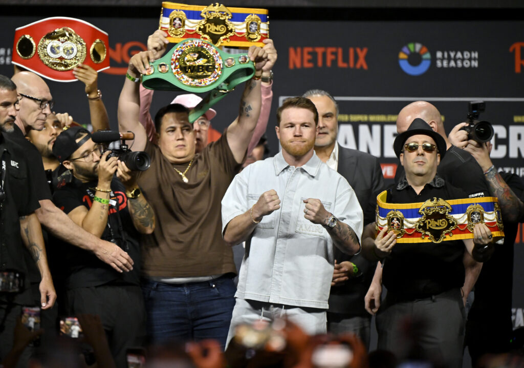 Canelo Álvarez is seen onstage during the Canelo Álvarez vs. Terence Crawford Las Vegas Press Conference