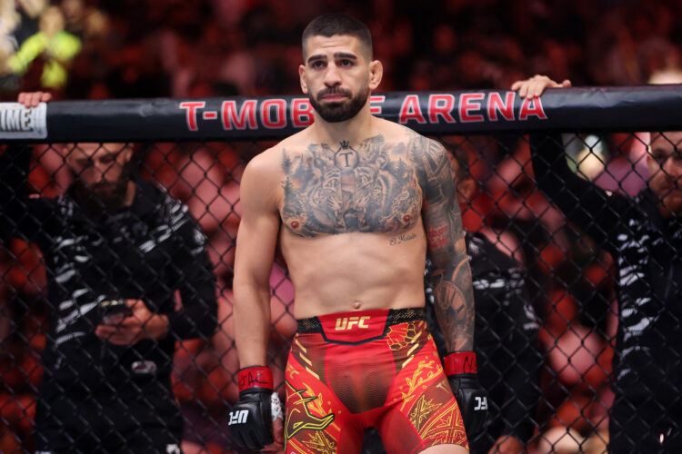 Ilia Topuria in the Octagon before his lightweight title fight with Charles Oliveira at UFC 317