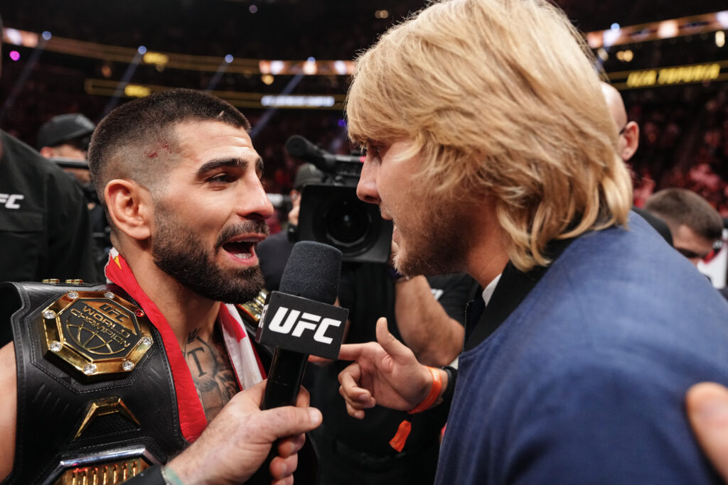 Ilia Topuria of Spain faces off against Paddy Pimblett in the UFC lightweight championship bout