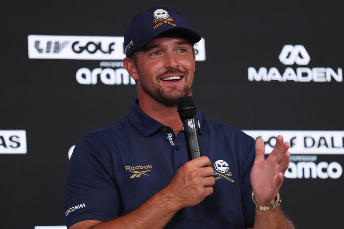 Bryson DeChambeau of Crushers GC answers questions during a press conference