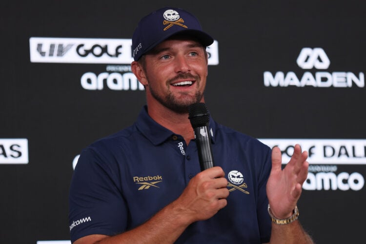 Bryson DeChambeau of Crushers GC answers questions during a press conference