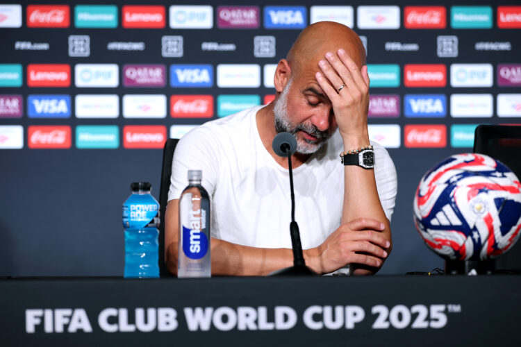 Pep Guardiola reacts to the press after the Club World Cup match against Al-Hilal