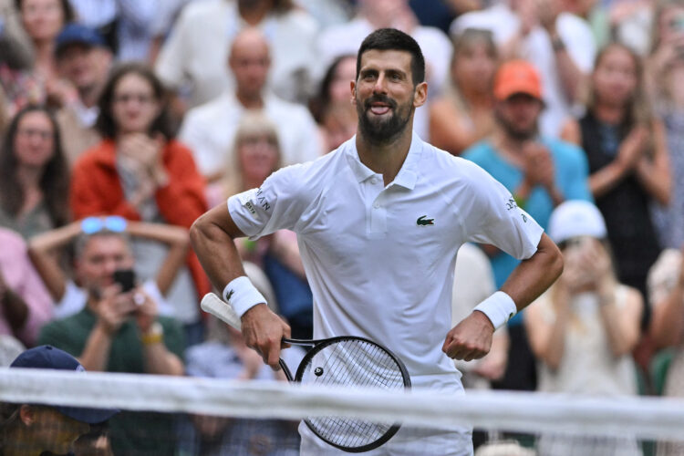 Novak Djokovic celebrating his win over Miomir Kecmanovic at Wimbledon 2025