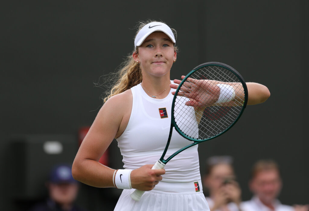 Mirra Andreeva celebrates victory against Mayar Sherif of Egypt during the Ladies' Singles first round match