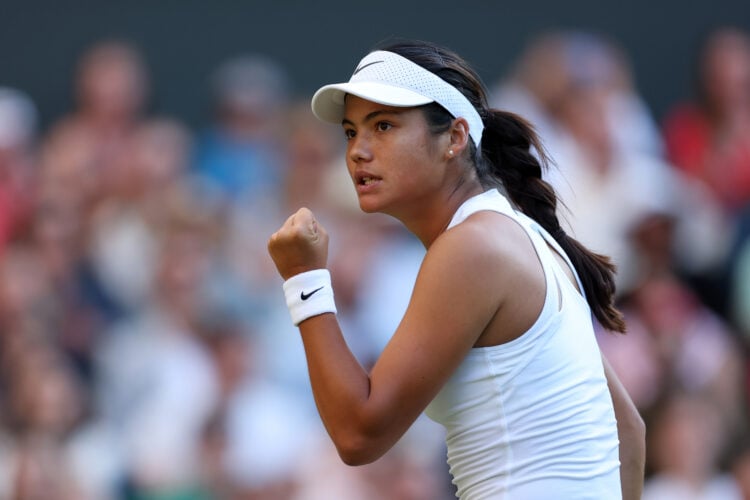 Emma Raducanu celebrating at point against Marketa Vondrousova at Wimbledon 2025