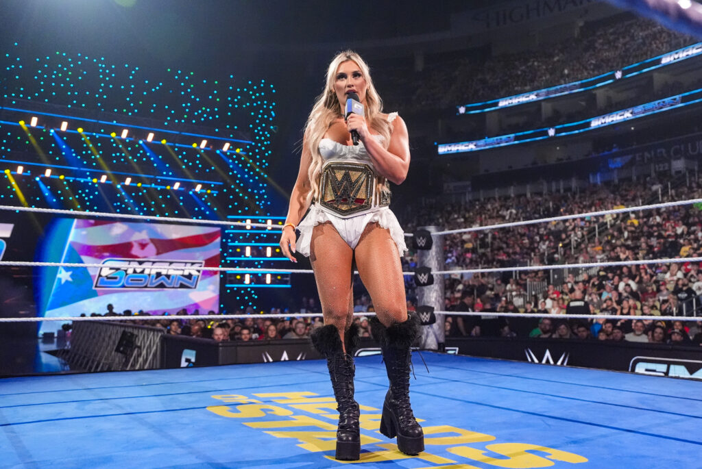 Tiffany Stratton cutting a promo to the crowd on WWE SmackDown