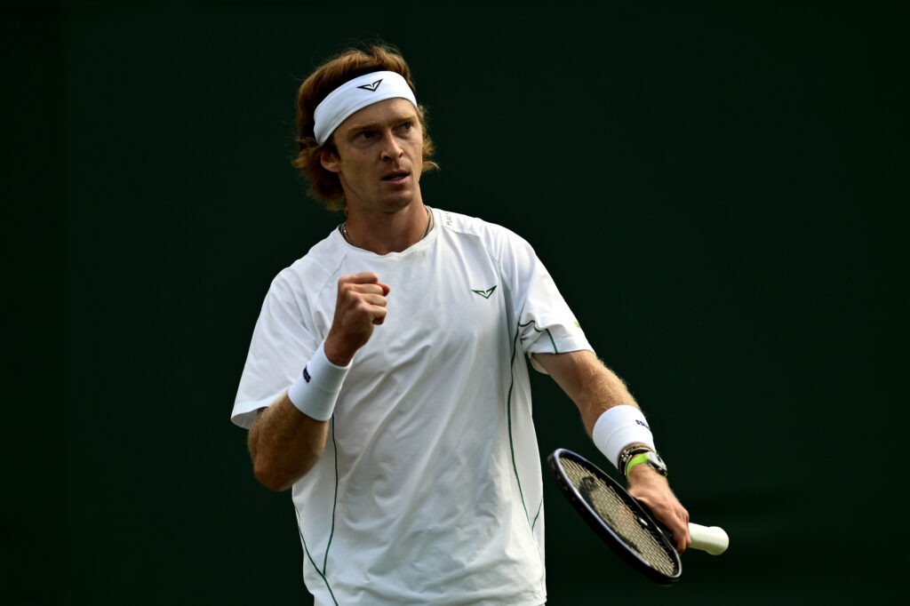 Andrey Rublev playing Adrian Mannarino at Wimbledon 2025