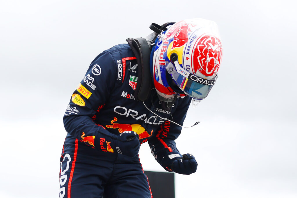 Max Verstappen celebrates after qualifying in the F1 British Grand Prix