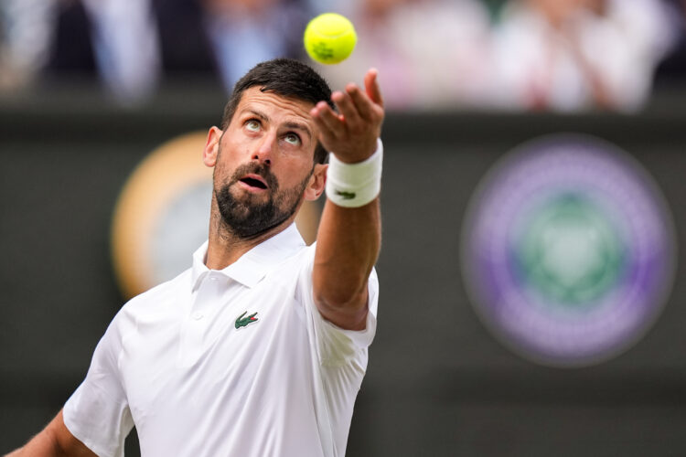 Novak Djokovic serving against Miomir Kecmanovic at Wimbledon 2025