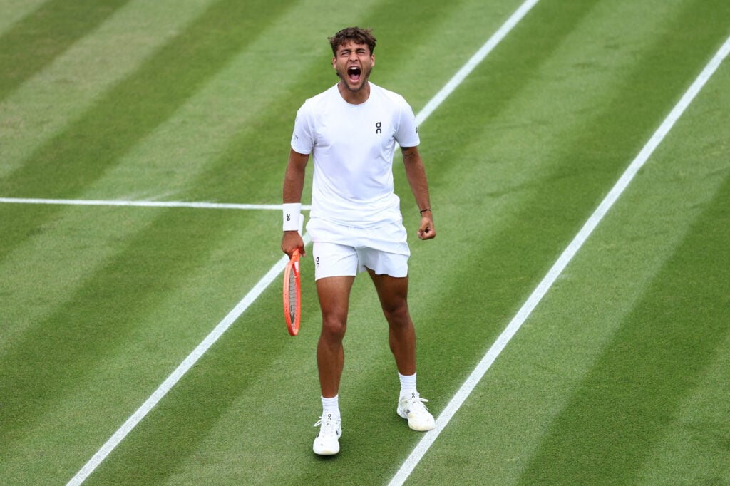 Flavio Cobolli producing a roar during his match with Jakub Mensik at Wimbledon 2025