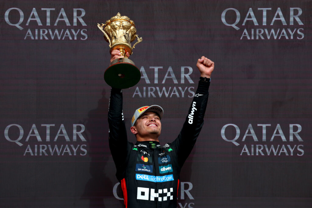 Lando Norris celebrates winning the 2025 British Grand Prix
