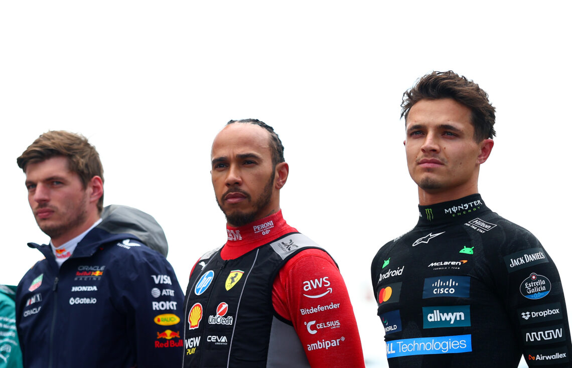 Max Verstappen, Lewis Hamilton and Lando Norris look on during the Great Britain F1 Grand Prix