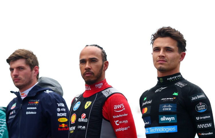 Max Verstappen, Lewis Hamilton and Lando Norris look on during the Great Britain F1 Grand Prix