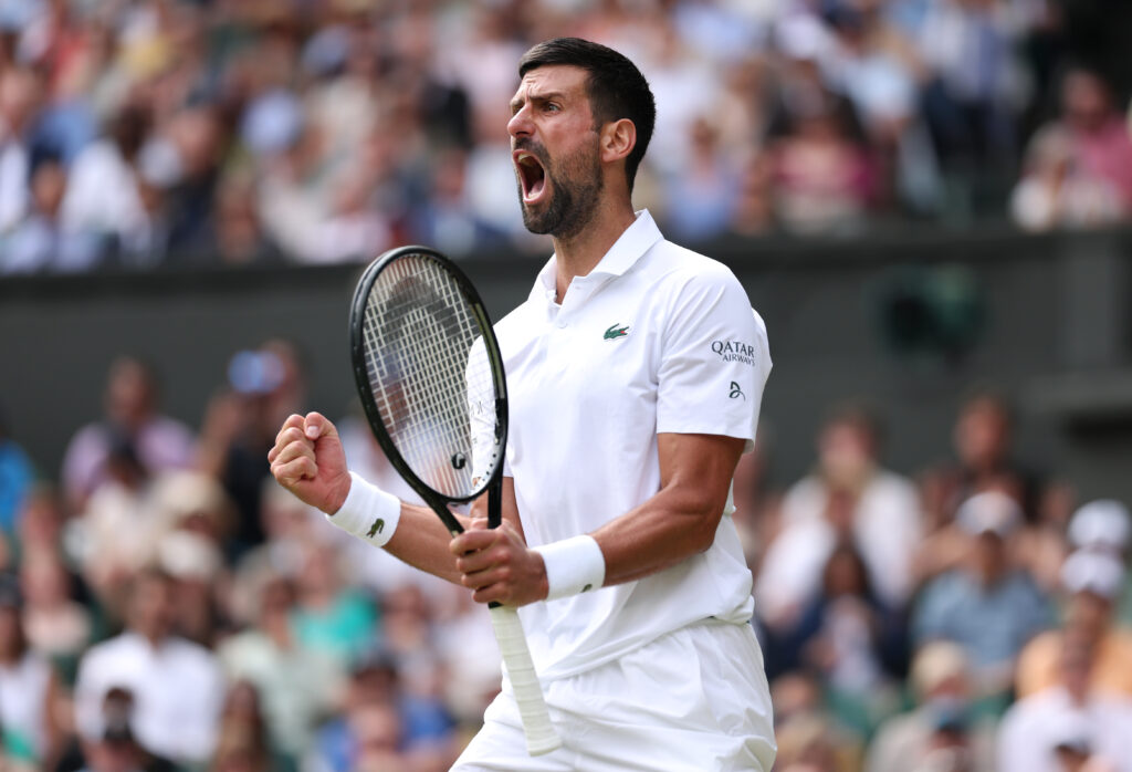 Novak Djokovic celebrating winning the second set against Alex De Minaur at Wimbledon 2025