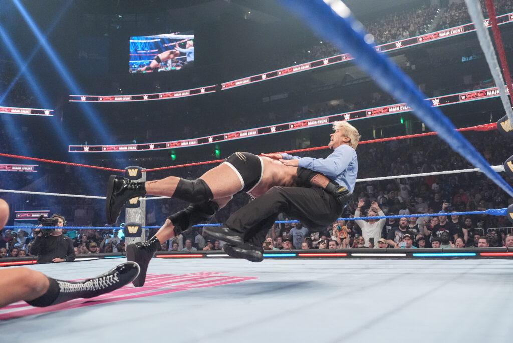 Goldberg hitting referee Charles Robinson with a Spear at Saturday Night's Main Event