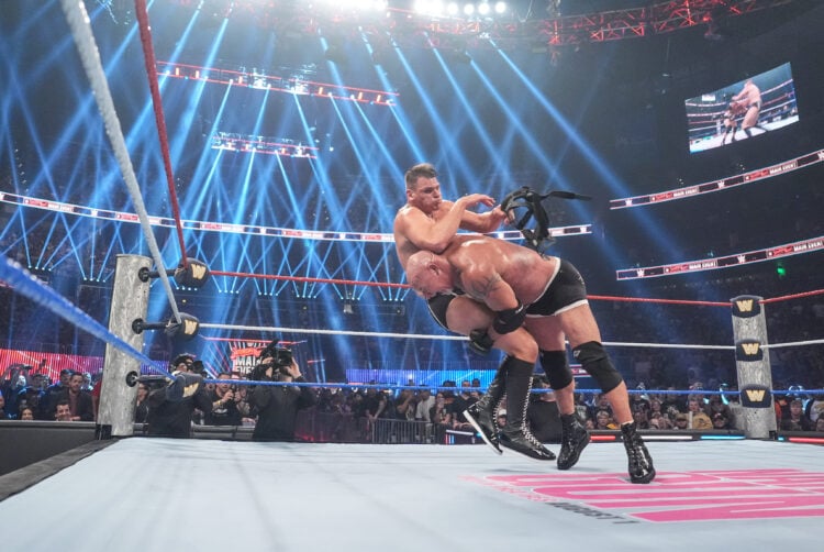Goldberg hitting Gunther with a Spear at WWE Saturday Night's Main Event