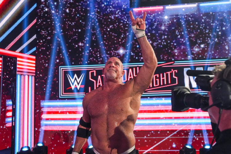 Goldberg waving farewell to the WWE universe at Saturday Night's Main Event