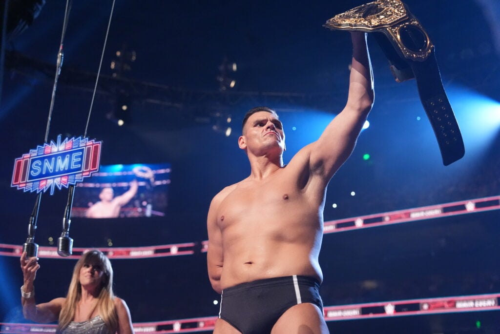 Gunther lifting the World Heavyweight Championship at WWE Saturday Night's Main Event
