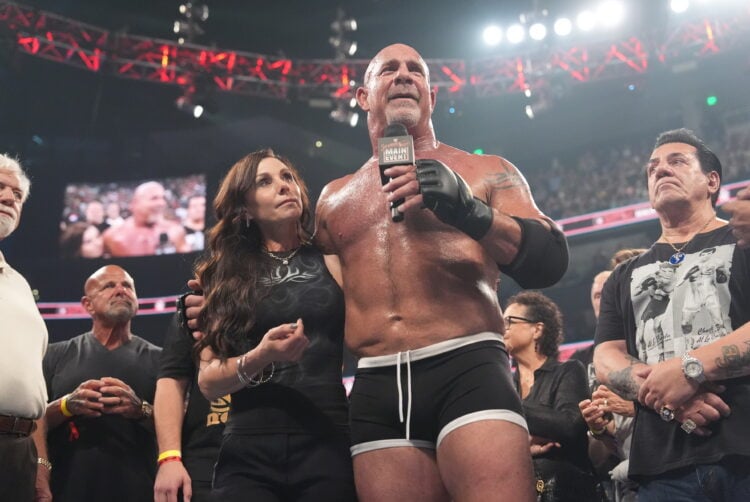 Goldberg cutting his retirement promo after his final WWE match at Saturday Night's Main Event